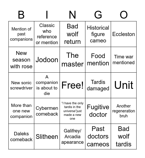 Dr who 2026 Christmas special Bingo Card