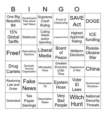 State of the Union Address - February 24, 2026 Bingo Card