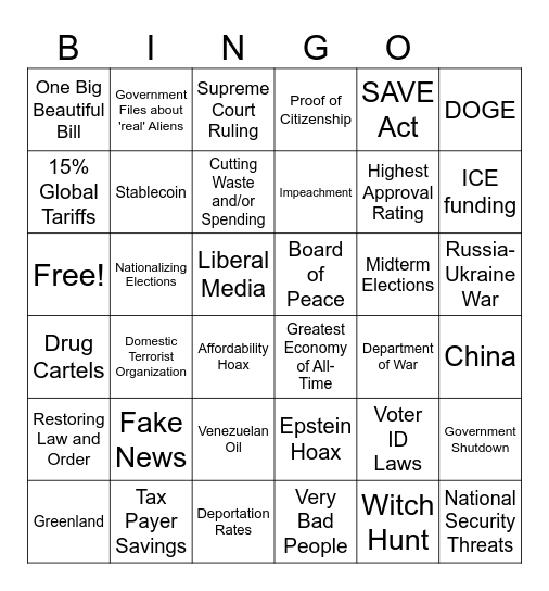 State of the Union Address - February 24, 2026 Bingo Card