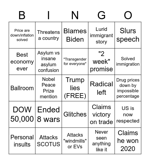 Trump SOTU 2026 Bingo Card