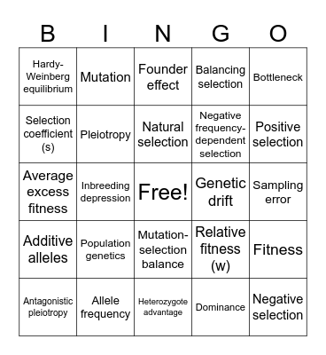 Drift and Selection Bingo Card