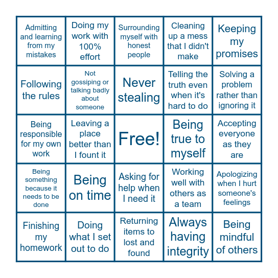 Integrity Bingo Card