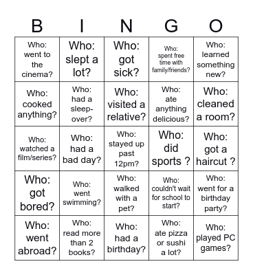 Back-to-School Bingo - What did you do over the holiday? Bingo Card
