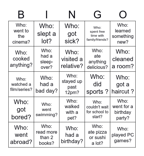 Back-to-School Bingo - What did you do over the holiday? Bingo Card
