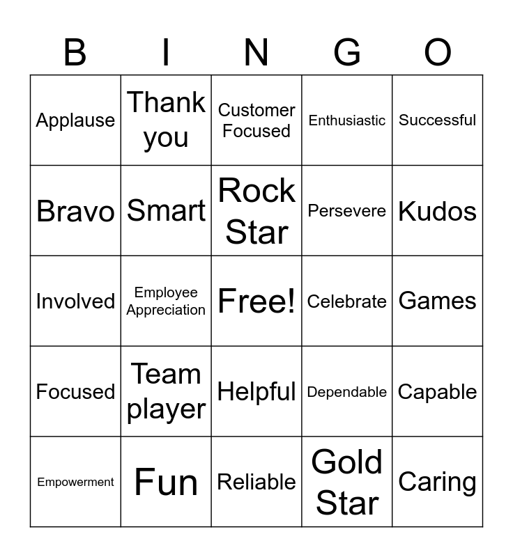 Employee Appreciation Bingo Card