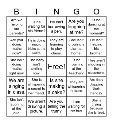 Present Continuous Bingo Card