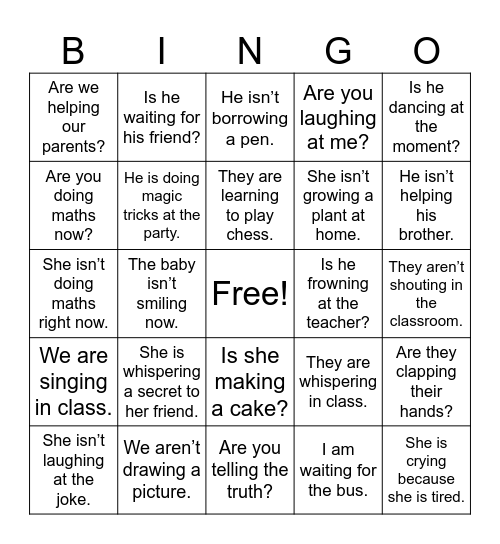 Present continuous Bingo Card