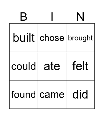 Irregular verbs Bingo Card