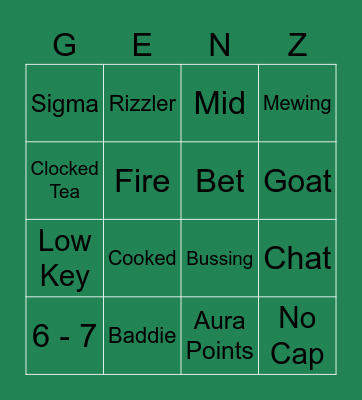 Gen Z Bingo Card