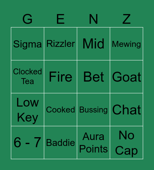 Gen Z Bingo Card