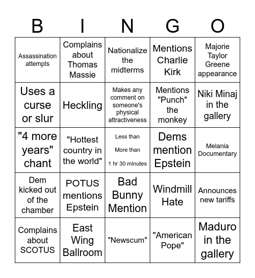 Trump State of the Union Bingo Card