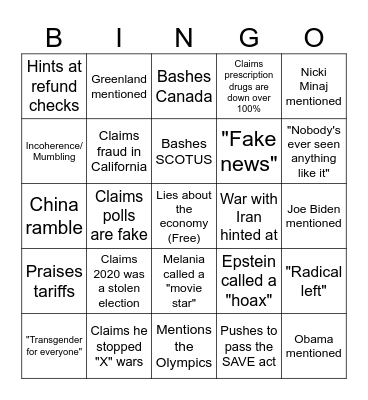 State of the Union 2026 Bingo Card