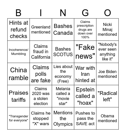 State of the Union 2026 Bingo Card