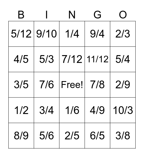 Fractions Bingo Card