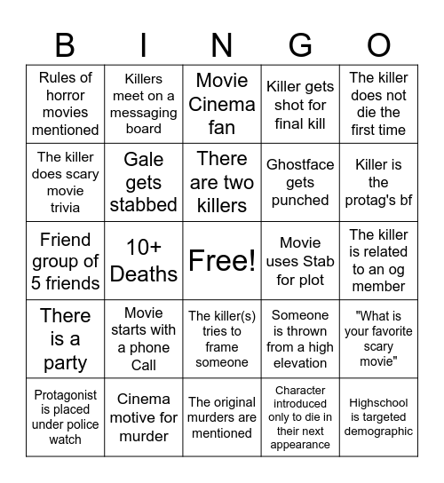 Scream 7 Bingo Card
