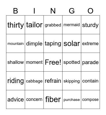 Syllable Juncture Bingo Card
