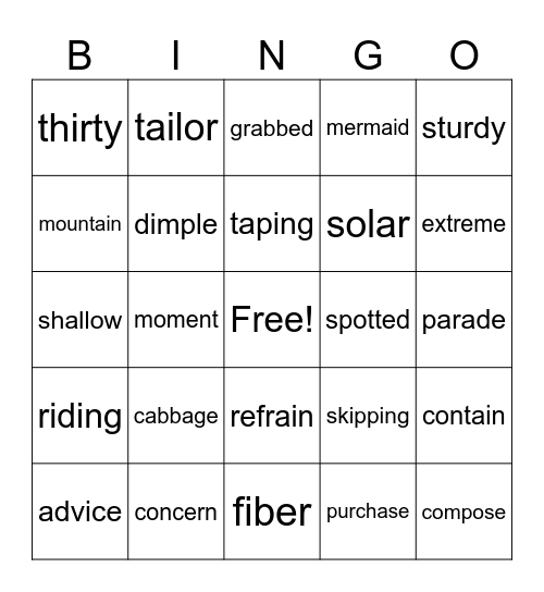 Syllable Juncture Bingo Card