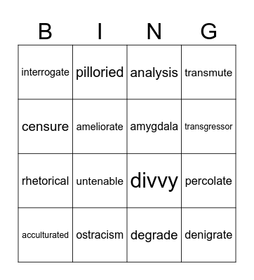 Vocabulary Bingo Card