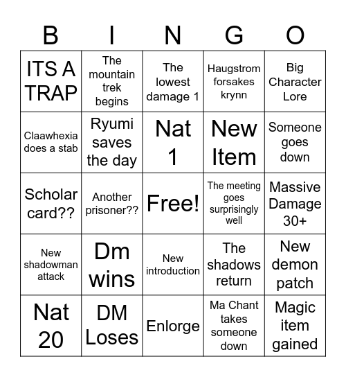 Wildemount Bingo Card