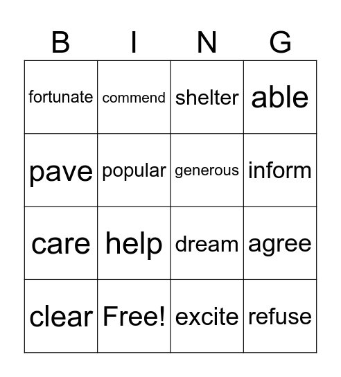 Suffixes Bingo Card