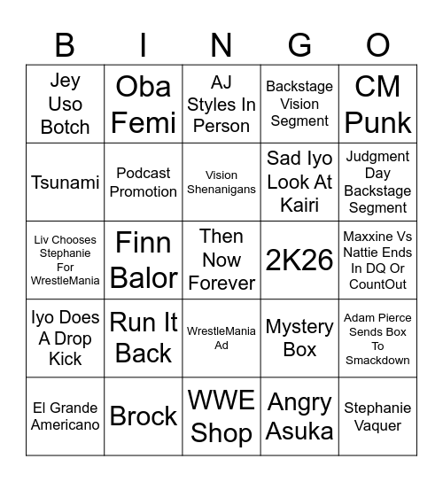 Raw 23/02/26 Bingo Card