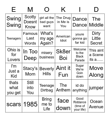 2000s Emo Kids Bingo Card