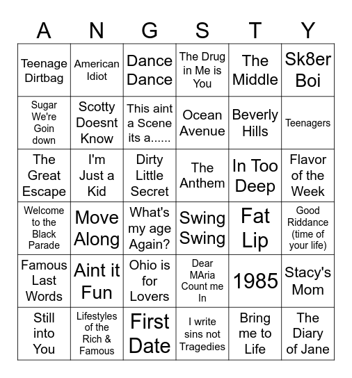 2000s Emo Kids Bingo Card