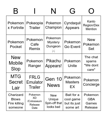 Pokemon Presents Bingo Card