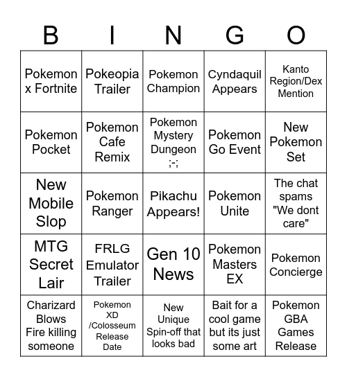 Pokemon Presents Bingo Card