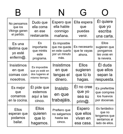El Subjuntivo - WEIRDO (call sheet) Bingo Card