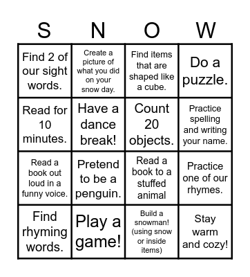 SNOW DAY BINGO! Bingo Card