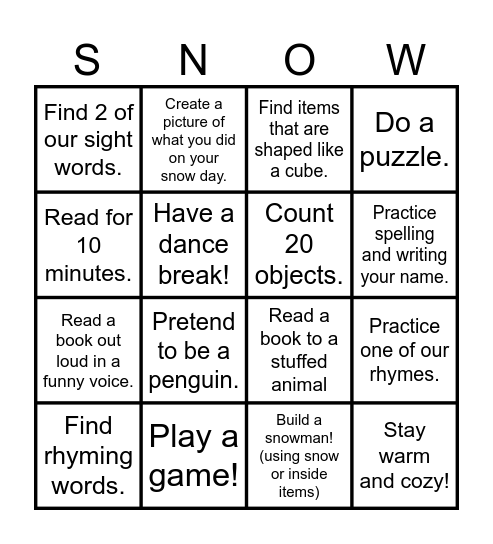 SNOW DAY BINGO! Bingo Card