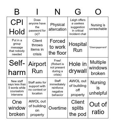 Milieu Counselor Bingo Card