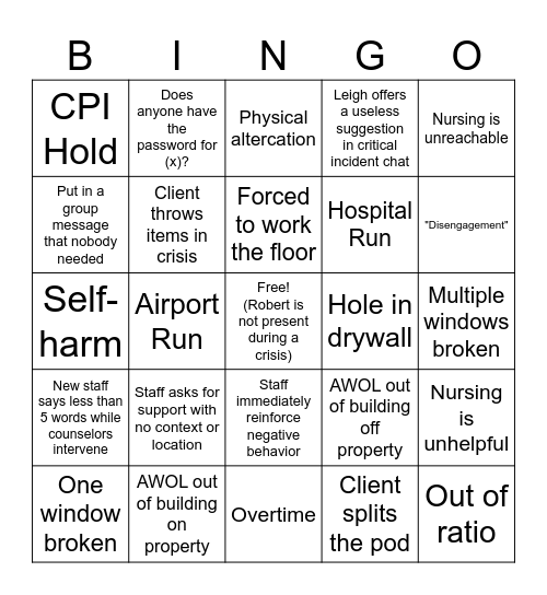 Milieu Counselor Bingo Card