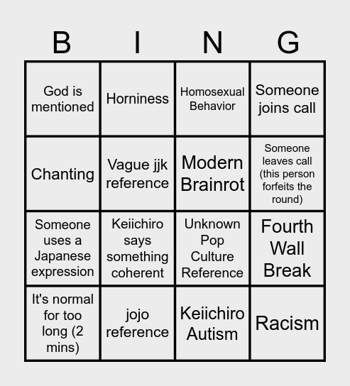 Ghost Stories Dub Bingo Card