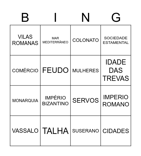 Bingo Medieval Bingo Card