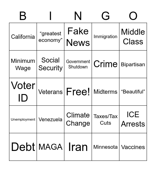 2026 State of the Union Bingo Card