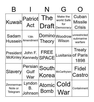 Wars! Bingo Card
