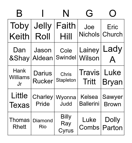 Country music bingo Card