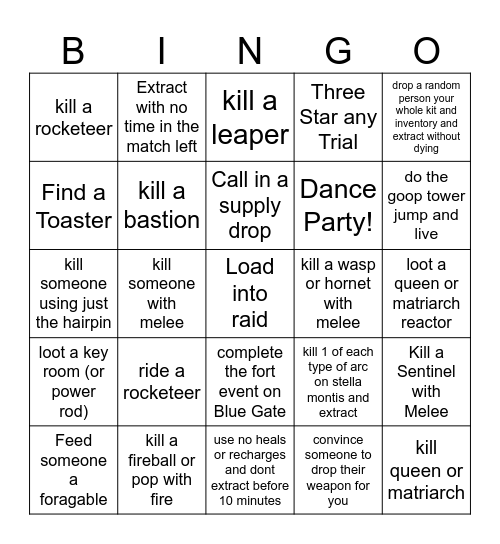 Arc Raiders Bingo Card