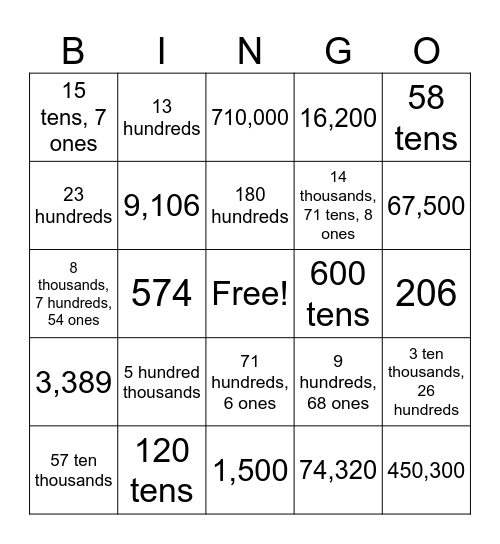 Renaming Numbers Bingo Card