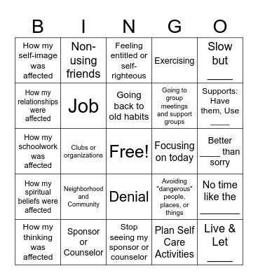 Adolescent Recovery Bingo Card
