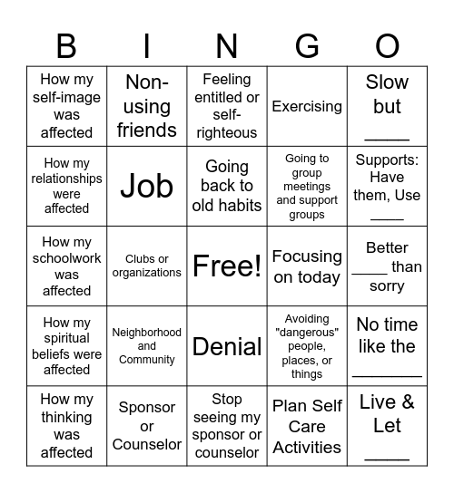 Adolescent Recovery Bingo Card
