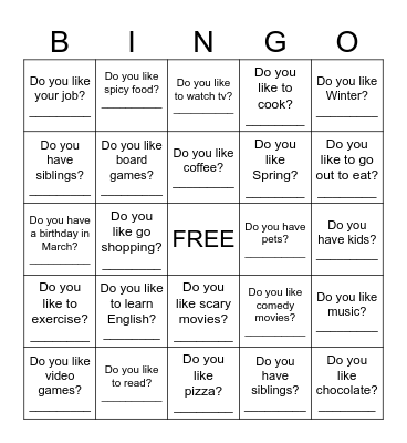 Get to know you bingo Card