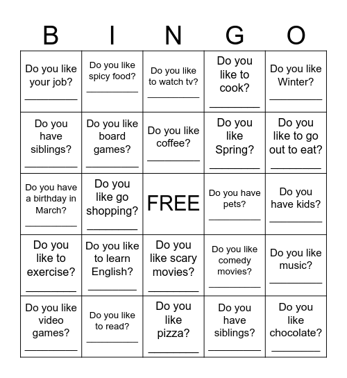 Get to know you bingo Card
