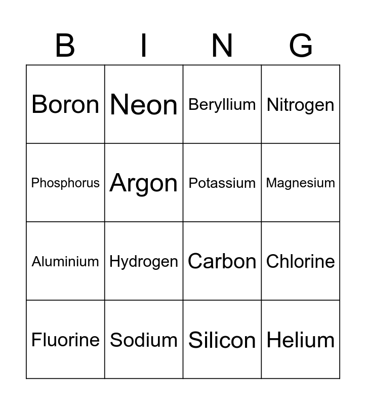 Elements Bingo Card