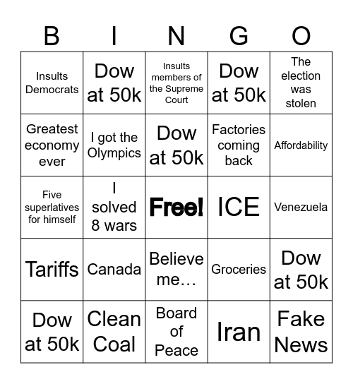 State of the Union Bingo Card