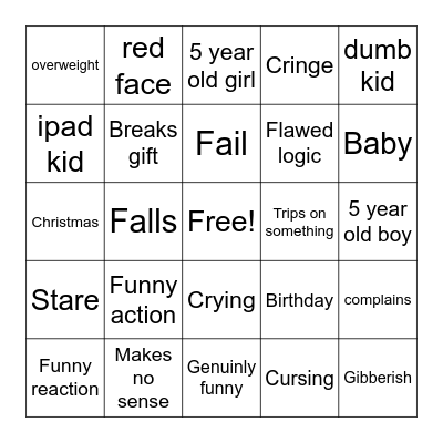 Crashout kids Bingo Card
