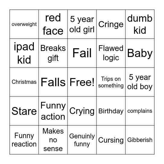 Crashout kids Bingo Card