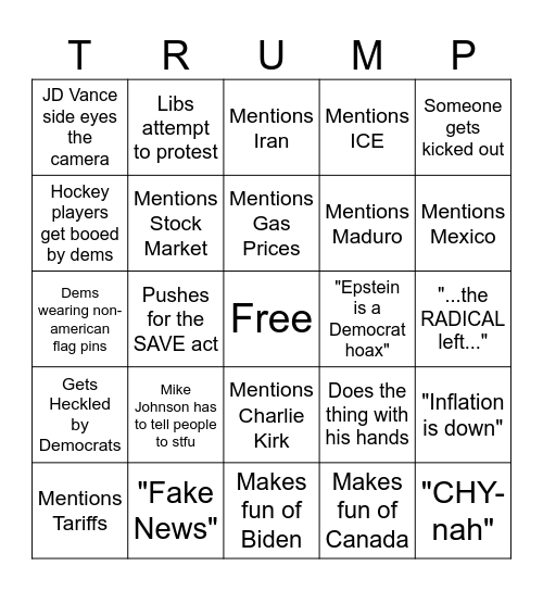 State of the Union 2026 Bingo Card